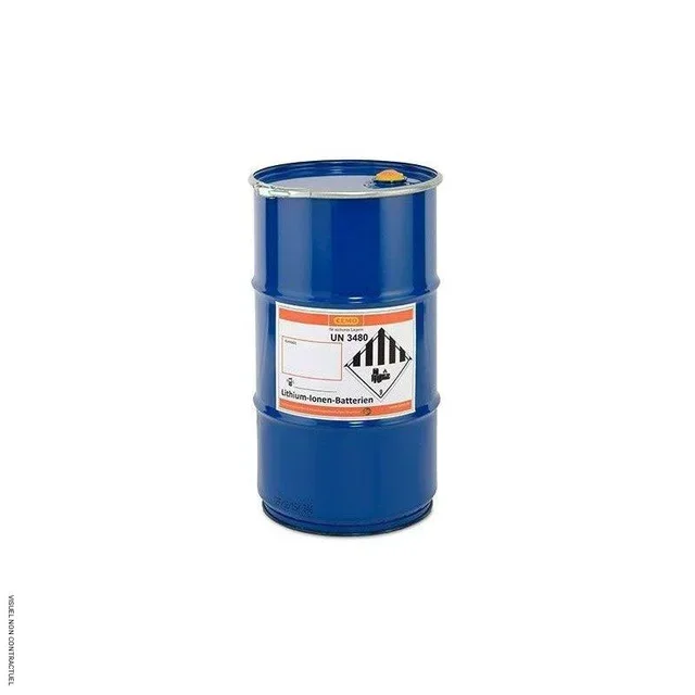 Fût métal ADR 60L CEMO batteries lithium endommagées vermiculite sécurité