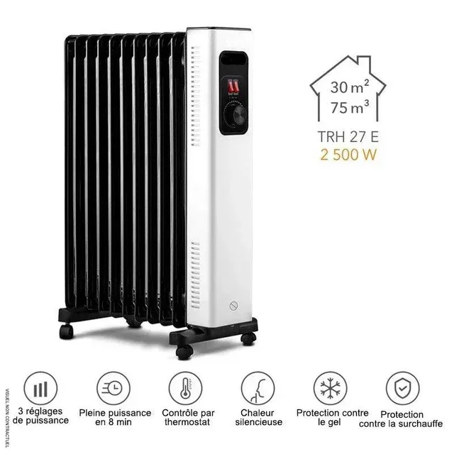 Radiateur bain d'huile mobile 2500W Trotec TRH 27 E - 11 ailettes, thermostat réglable, sécurité anti-basculement