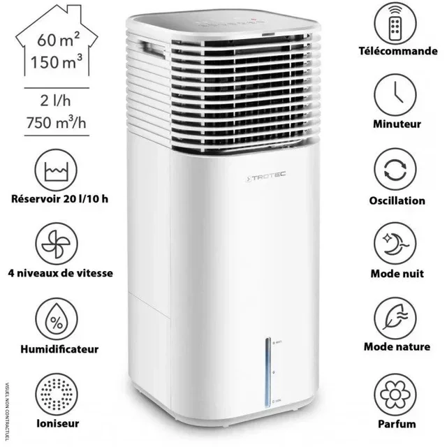Rafraîchisseur d'air 4-en-1 PAE 49 TROTEC - 20L 750m³/h blanc noir