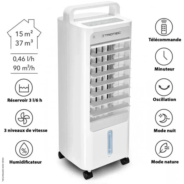 Rafraîchisseur d'air 3-en-1 TROTEC PAE 12 - Ventilateur humidificateur évaporatif 3L