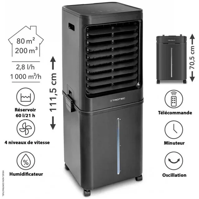 Rafraîchisseur d'air Trotec PAE 80 - 60L - 4 vitesses - Noir mat