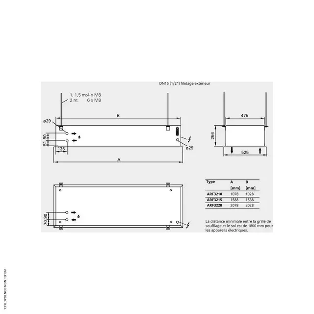 Rideau d'air chaud encastré Frico Arden 3200 ARF3215E12 3,2m triphasé faux-plafond