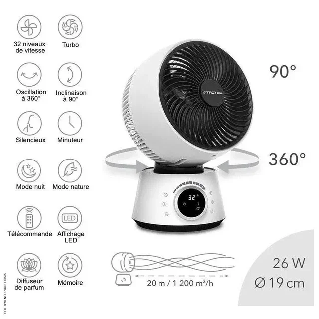 Ventilateur Trotec TVE 100 360° diffuseur arômes 26W 32 vitesses